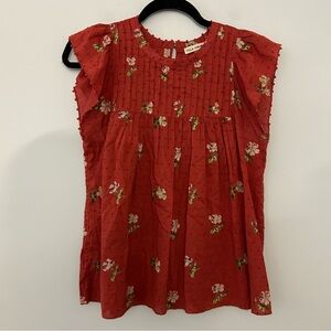 Ulla Johnson Red Floral Print Swiss Dot Blouse